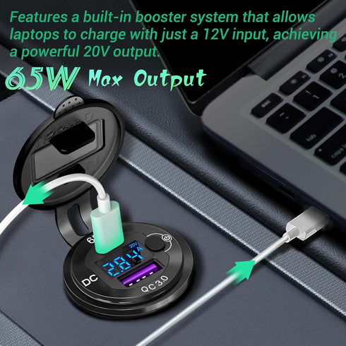 83W 12 Volt USB Outlet Built-in Boost USB C Laptop Car Charger: Ouffun 65W PD3.0 and 18W QC3.0 Car USB Port Aluminum Socket with Button Switch Sma...
