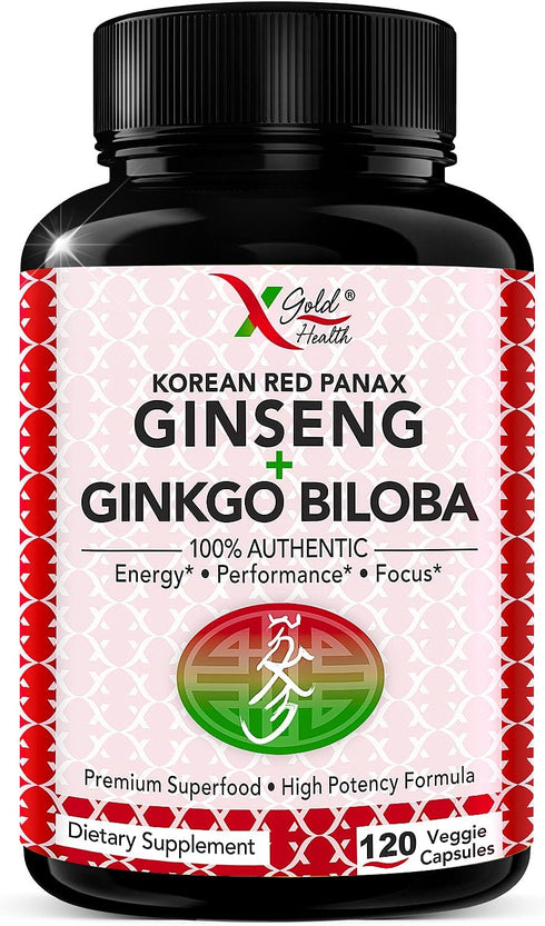 Korean Red Panax Ginseng 1200mg + Ginkgo Biloba -120 Vegan Capsules - High Ginsenosides Extra Strength Root Extract Powder Supplement for Energy, ...