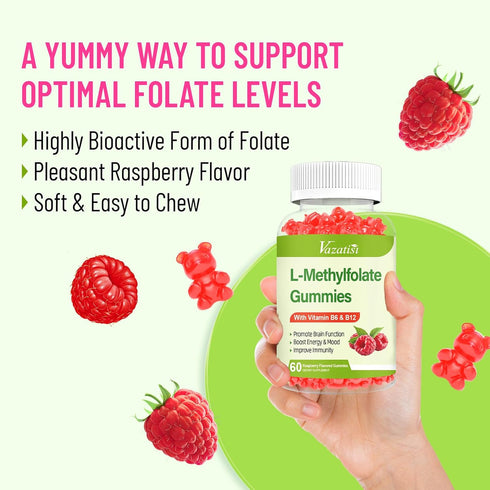 Sugar Free L-Methylfolate 15mg Gummies with Methyl B12, Folate Supplement for Mood, Brain Health, Immune Support - Raspberry Flavor, 60 Count...