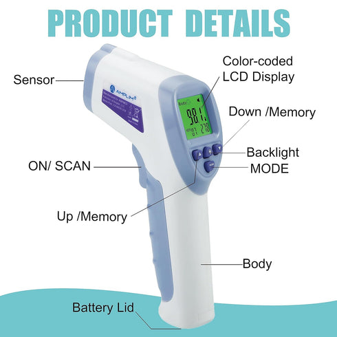 Amplim Digital Forehead Thermometer for Kids, Adults, and Babies - Touchless, Non-Contact Fever Thermometer with Temporal Head Function - No-Touch...