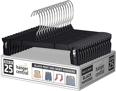 Hanger Central 25 Pack Heavy Duty Plastic Bottoms Hangers with Ridged Pinch Clips Pants Hangers, 12 Inch, Black...