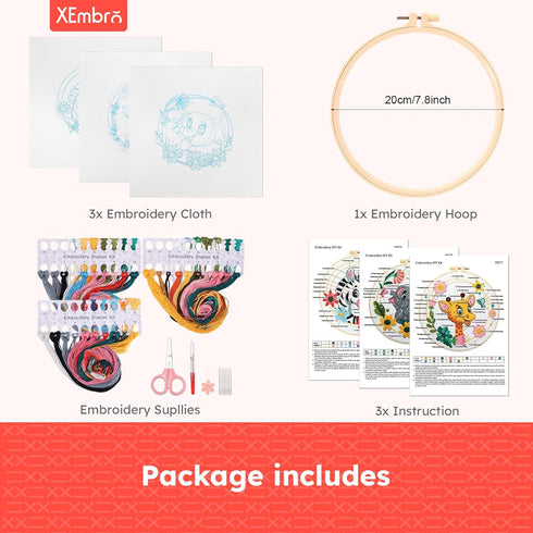 XEmbro 3 Sets Embroidery Kit for Beginner Adults Animal Embroidery Stamped Cross Stitch Kits for Adult Beginners with Stamped Pattern, Embroidery ...