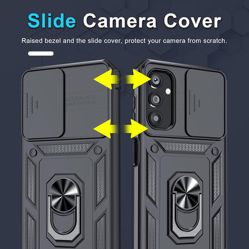 Janmitta Compatible with Galaxy A25 5G Case Built in Slide Camera Lens Cover+Screen Protector+Finger Ring Holder Kickstand,Heavy Duty Shockproof F...