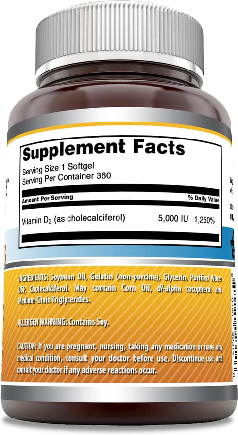 Amazing Formulas Vitamin D3 Cholecalciferol Supplement | 5000 IU Per Serving | Softgels | Non-GMO | Gluten-Free | Made in USA (360 Count)...
