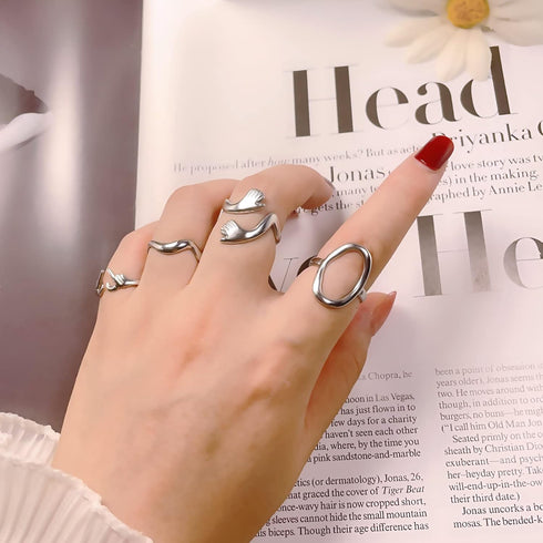 6 Pack Silver Midi Rings Stainless Steel Stackable Rings for Women Open Knuckle Rings Set Wide Irregular Finger Rings for Teen Girls Hug Geometric...