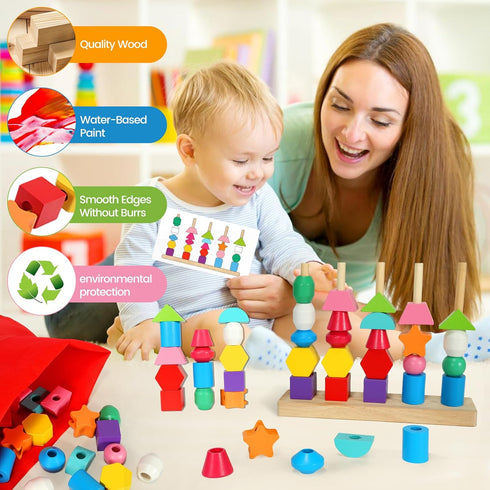 Montessori Toys for 2 3 4 Year Old Wooden Shape Matching Game & Lacing Beads Preschool Learning Activities Fine Motor Skills Toys Sorting Stacking...