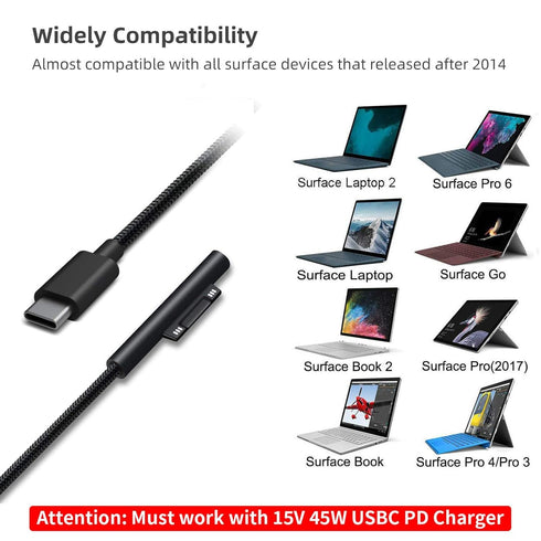 Nylon Braided Charging Cable for Microsoft Surface Pro 7/6/5/4/3Go3/2/1 Laptop 4/3/2/1, Must Work with 45W 15V 3A USB-C Charger (Black, 6ft)......