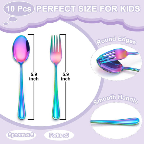 E-far 10-Piece Rainbow Toddler Utensils, Kid Stainless Steel Silverware Set, Children Safe Forks and Spoons Set for Self Feeding, Healthy & Non-To...