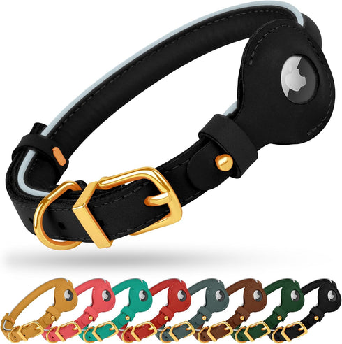 OOPSDOGGY Rolled Leather Dog Collar with Airtag Holder - Reflective Round Airtag Dog Collar - Soft Tracking Pet Collar for Small Dogs Puppy Cats K...