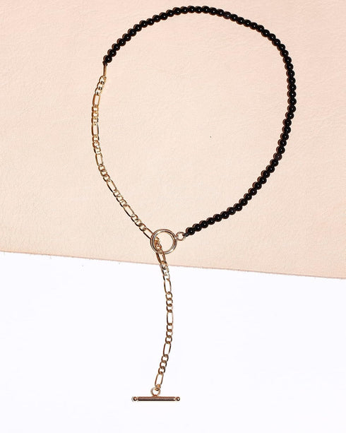 Natural Stone Beaded Black Agate Dainty Gold Chain Necklaces for Women T bar Clasps 14K Gold Plated Y-Shaped Necklace...