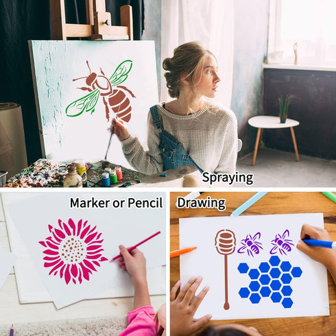 6 Inch Bee Stencils Reusable Honeycomb Honey Stencils for Painting on Wood, 25 Pieces Bee Stencil DIY Craft Template for Painting on Furniture, Ca...