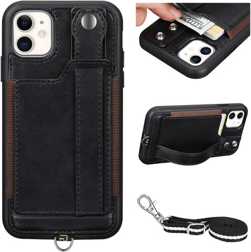 TOOVREN for iPhone 11 Wallet Lanyard Case Protective Cover with PU Leather Card Holder Adjustable Detachable Phone Lanyard Stand Strap for iPhone ...