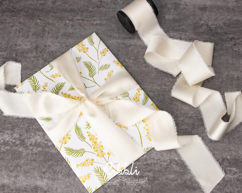 Ribbli Ivory Silk Satin Ribbon 1.5 Inch x 12 Yard Handmade Frayed Chiffon Ribbon with Wooden Spool Cream Ribbon for Gift Wrapping Wedding Invitati...