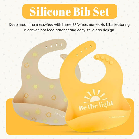 PARKER & ELOWYN Soft Waterproof Silicone Bib Set of 2, Unisex Baby Toddler, BPA free, Non-Toxic, Food Catcher, Easy Clean...