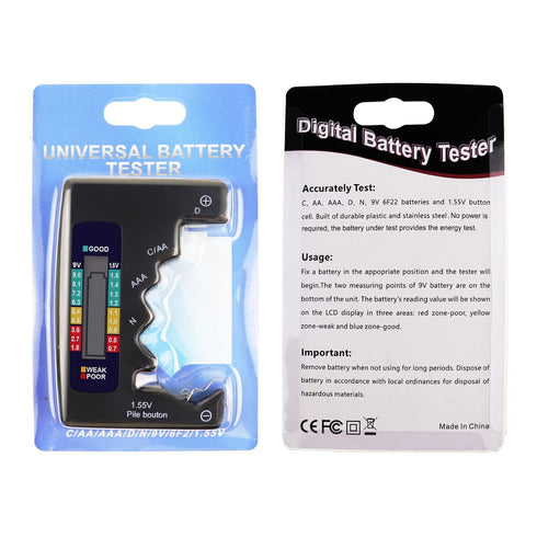 Battery Tester Checker C AA AAA D N 9V 1.5V Button Cell Batteries Clear Bar Graph LCD Display Pocket Size...