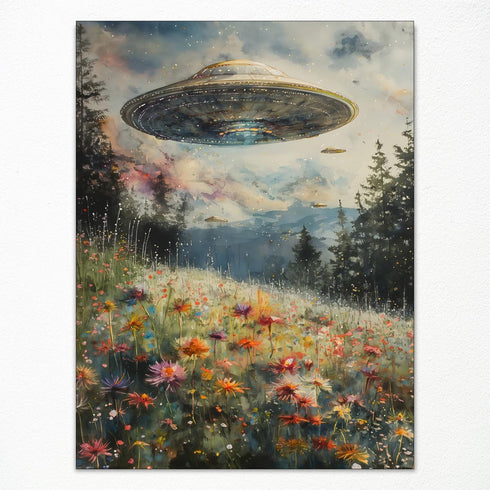 Generic UFO Surreal Art Print, Alien Abduction Poster, Trippy Spaceship Posters Painting, Wildflower Meadow Field Wall Art, Vintage Landscape Funn...