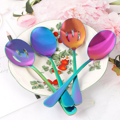 4 Pieces Colorful Serving Spoons Set, Include 2 Large Serving Spoon And 2 Slotted Spoons, Rainbow Color Style Stainless Steel Serving Utensils for...