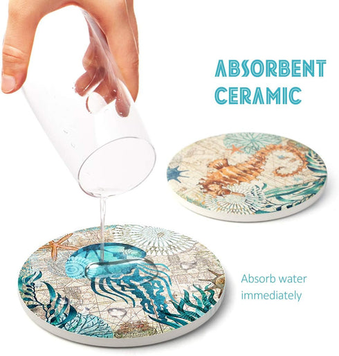 Absorbent Coasters Stone Coaster Set of 8, Cork Base, with Holder, RayPard Beach Theme Sea Life Coastal Coasters for Housewarming Apartment Kitche...