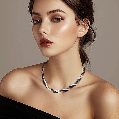 Black White Silver Gemstone Crystal Beaded Layered Choker Necklaces for Women, Dainty Y2k Handmade Triple Stone Beads Chain Twisted Necklace Beach...