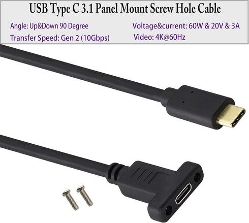 USB Type C 3.1Panel Mount Adapter Cable USB-C 3.1 Gen2 10Gbps Male to USB C Female Panel Mount Screw Cable,Supports Charging,Data,Audio,Video Cabl...