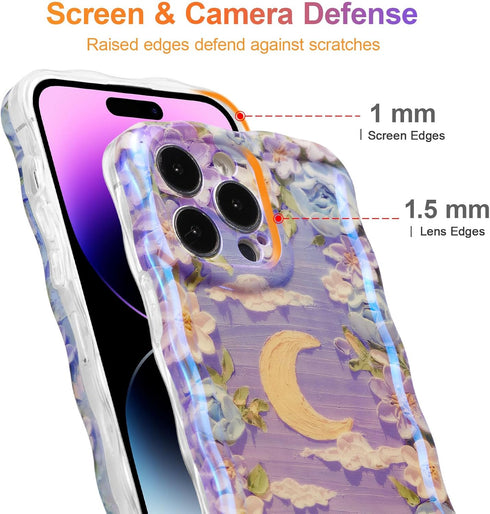 EYZUTAK Case for iPhone 13 Pro Max, Colorful Retro Oil Painting Flower Moon Pattern Laser Cute Curly Wave Edge Exquisite Phone Cover Stylish Durab...