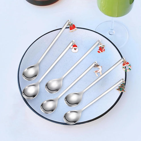 Dessert Spoons Silverware Christmas Silver Small Stainless Steel Flatware 6 Pieces Xmas Decorative Pendants Stirring Utensils for Coffee Tea Drink...