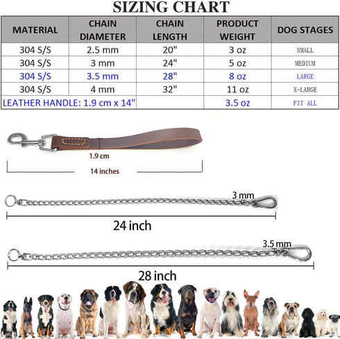 Dog Chain Short Leash with Leather Handle, 304 Stainless Steel Dog Short Lead Metal Heavy Duty Chain DIY Double Dog Leashes,Extend&Coupler. (Leath...