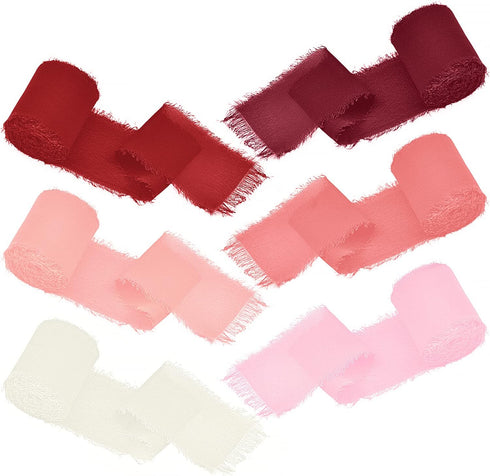 Chiffon Ribbon 6 Rolls Handmade Fringe Chiffon Silk Ribbon 1.5" x 3Yd Blush Pink Dark Red Ribbon Frayed Edges Boho Fabric Ribbon for Gift Wrapping...