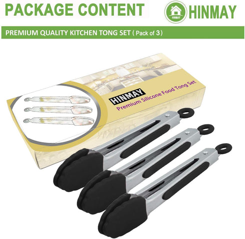Small Serving Tongs with Silicone Tips 7 Inch Mini Stainless Steel Food Tongs, Set of 3 (Black)...