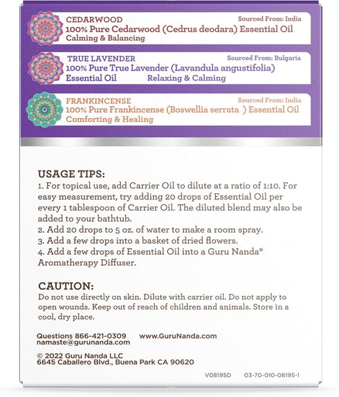 GuruNanda Sleep Essential Oil Set (Pack of 3 x 0.34 Fl Oz) - 100% Pure, Natural & Undiluted Cedarwood, Frankincense & Lavender Aromatherapy Oils f...