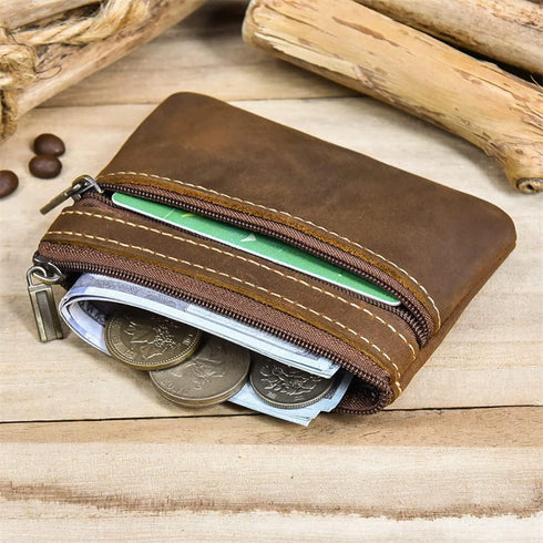 1 Pcs Leather 2 Zipper Coin Purse Wallet With Key Ring, Coin Organizer, Change Holder,Card Case, Leather Zipper Storage Bag for Men...
