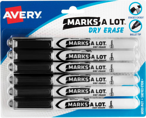 AVERY Marks A Lot Dry Erase Markers, Low Odor White Board Markers with Bullet Tip, 6 Black (24483)...