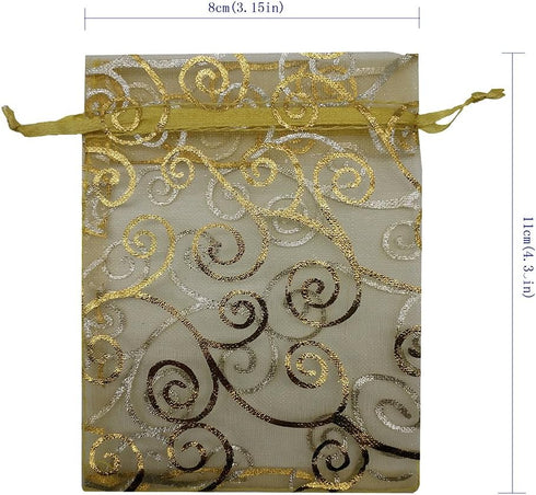 100pcs Sheer Organza Favor Bags For Wedding Baby Shower Rattan Print Gift Bags Samples Display Drawstring Pouches (3x4 inch, gold)...