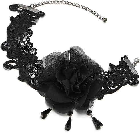 COOLSTEELANDBEYOND Ladies Womens Black Lace Choker Necklace with Camellia Flower and Dangling Beads Charm Pendant...