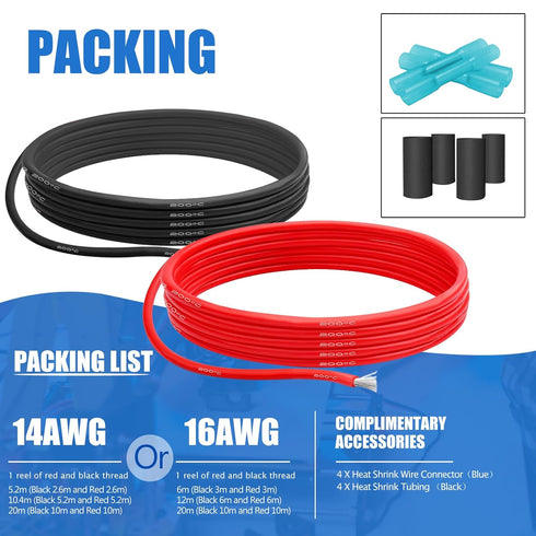 16 AWG Silicone Wire-40 Ft Length(20 Ft Black and 20 Ft Red),HuLuWa 16 AWG 1.3mm² Electrical Cable-Flexible,High Temperature Resistant,and Tinned ...