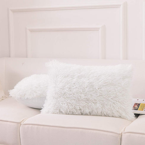 NordECO HOME Luxury Soft Faux Fur Fleece Cushion Cover Pillowcase Decorative Throw Pillows Covers, No Pillow Insert, 12" x 20" Inch, White, 2 Pack...