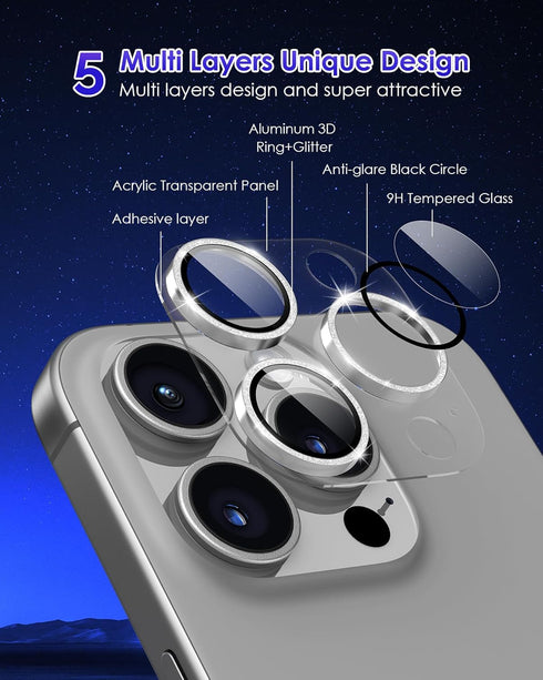 for iPhone 15 Pro/iPhone 15 Pro Max Glitter Camera Lens Protector, Clear Acrylic Plus Aluminium Alloy Ring 9H Tempered Glass Screen Camera Cover f...