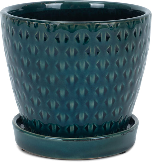Teal Ceramic Pot with Reactive Glaze for Indoor Plants Planter with Saucer, 4.75 x 5.5 Inch...