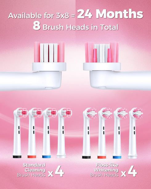 Rotating Electric Toothbrush with Travel Case for Adults Pink, 8 Brush Heads (2 Types) 4 Modes Deep Clean Electric Toothbrush with 25-Days Recharg...