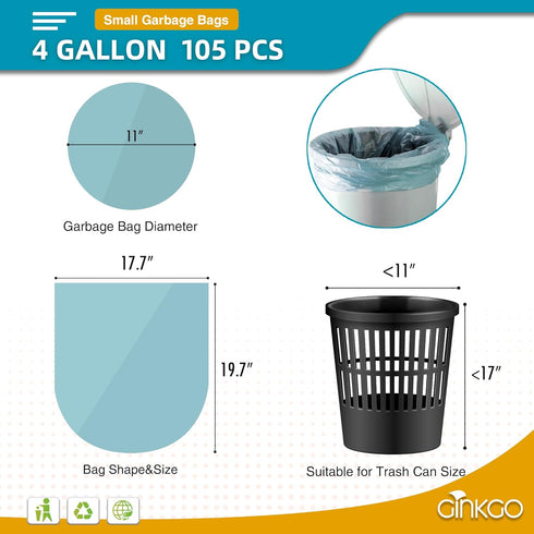 105 Count Small Garbage Bags, 4 Gallon Trash Bag for Bathroom, Mini Trash Bags, Clear Waste Basket Bin Liners, Unscented, Blue...