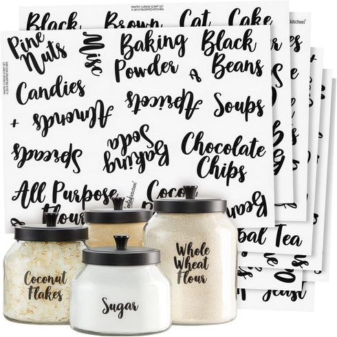Talented Kitchen 135 Pantry & Kitchen Labels for Food Containers - Preprinted Black Cursive on Clear Backing - Easy Peel & Stick (Water Resistant)...