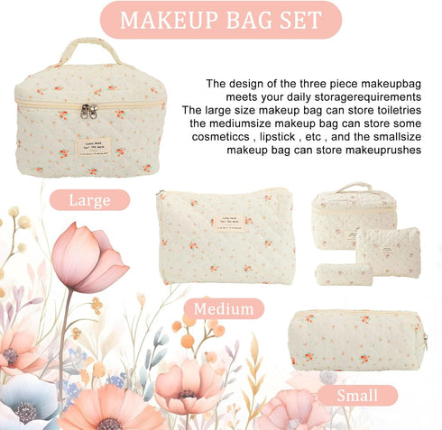 3Pcs Floral Quilted Makeup Bag, Aesthetic Makeup Bag Coquette Makeup Bag Set, Large Capacity Travel Cosmetic Bags for Women Girls (Flowers)...