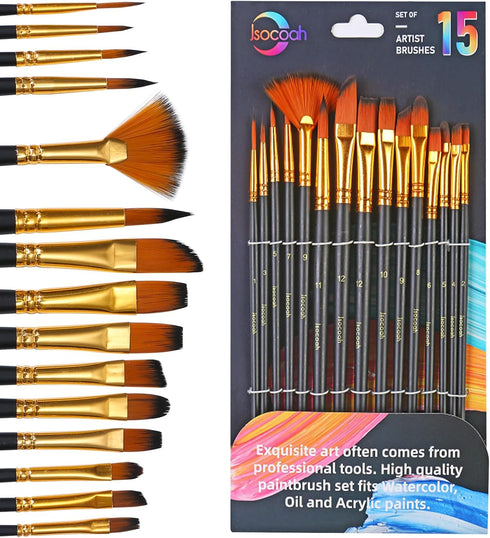 Acrylic Paint Brushes Set 15 Pieces, Nylon Bristle Paintbrushes for Acrylic Painting, Oil and Watercolor Brushes for Body Face Rock Canvas Miniatu...