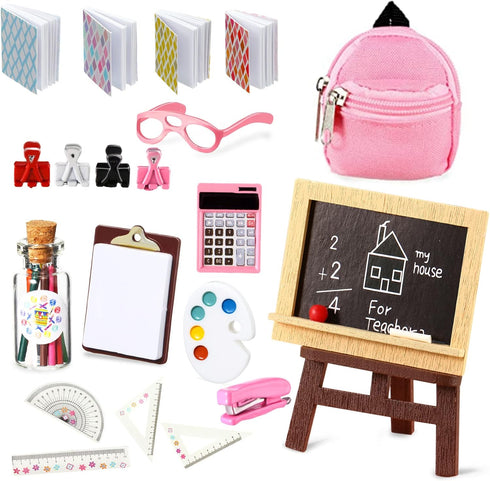 18 Piece Mini School Supplies for Dolls, Doll House School Supplies Accessories Includes Doll Backpack Glasses Blackboard Mini Book Palette Paper ...