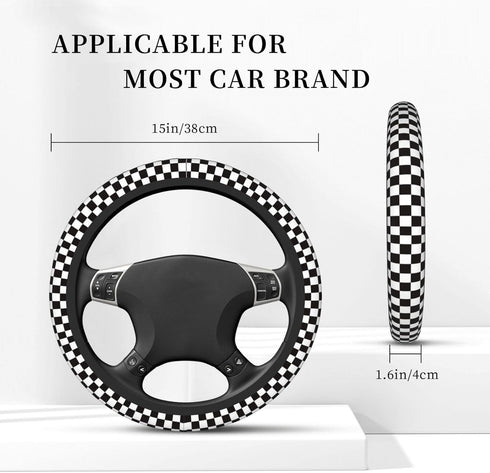 Black White Square Grid Pattern Steering Wheel Covers,Anti Slip Sweat Absorption Elasticity Car Accessories Steering Wheel Protector Universal 15 ...