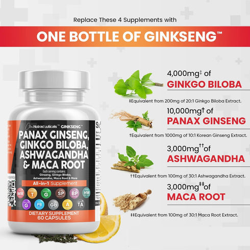 Clean Nutraceuticals Panax Ginseng 10000mg Ginkgo Biloba 4000mg Ashwagandha Maca Root 3000mg - Focus Supplement Pills for Women and Men with Pine ...