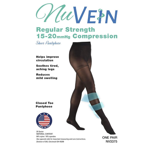 NuVein Compression Pantyhose, 15-20 mmHg Support, Women's Sheer Nylon Hosiery Tights, Closed Toe, Black, Medium...