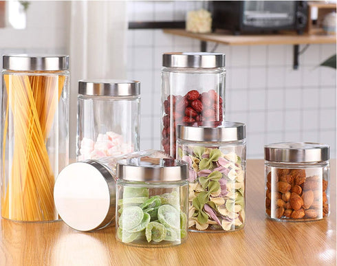 Lawei 6 Pack 27 Oz Clear Glass Jars with Stainless Steel Lids - Glass Food Canister Set Food Storage Jars for Cookie Rice Beans Pasta Snacks...