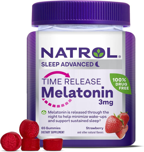 Natrol Time Release Melatonin 3 mg, Dietary Supplement for Restful Sleep, Sleep Gummies for Adults, 65 Strawberry-Flavored Melatonin Gummies, 65 D...