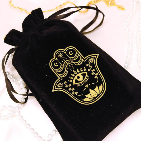 ARTSY CRAFTS 6x9" Hamsa Hand Velvet Jewelry Pouch Gift Bags, Fatima Hand Evil Eye Velvet Drawstring Oracle Tarot Card Rune bags Dice Bag (Smoky Bl...